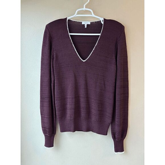 Reiss Talia Tipped V Neck Sweater in Burgundy Size Medium - Picture 1 of 2